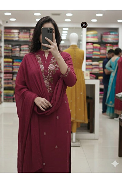 MYSMAR Burgundy Rayon Slub Embroidered Suit Set - FFT8800 | Burgundy-Size:2XL...