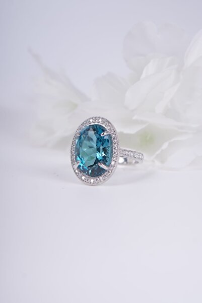 Aksesuaring Blue Topaz & 1,10 Ct Mozanet Taşlı Gümüş Yüzük