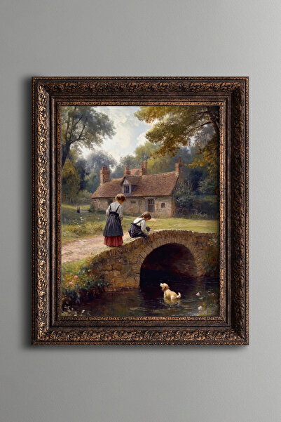 epiqart Children and Stream Landscape Painting on Stone Bridge - Vintage Patt...