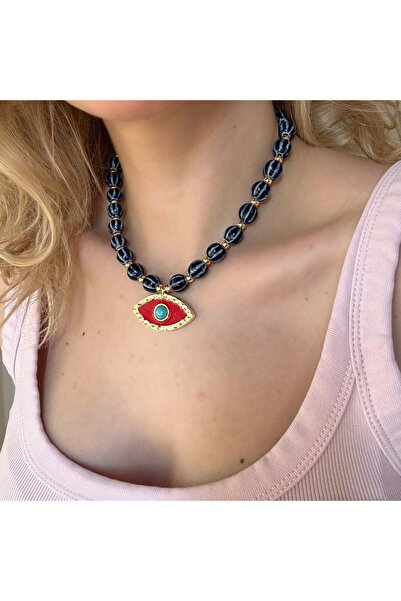 Alice İsstanbul Navy Blue Beaded Burgundy Eye Necklace