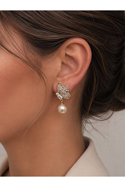 Miore takı Miore Pearl Detailed Butterfly Figured Zircon Stone Women's Earrings