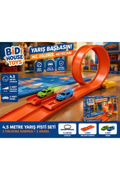 Bidi House Turuncu Renk Set Esnek Yarış ve Aksiyon Pisti- Araba yolu- 4.5 mt ...