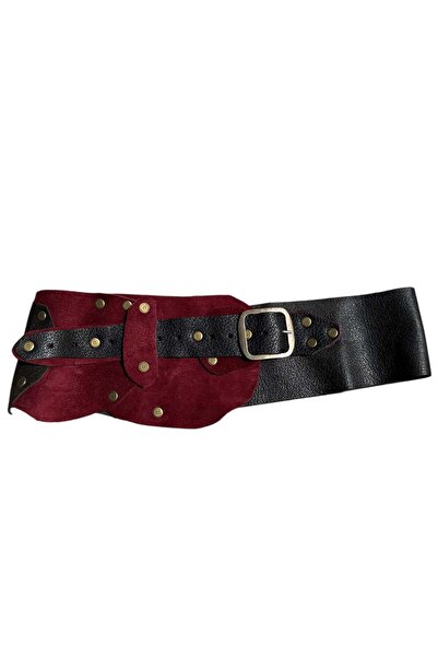 Yılday Gür Butik Cecily Burgundy Nubuck Black Leather Bohemian Belt with Stap...