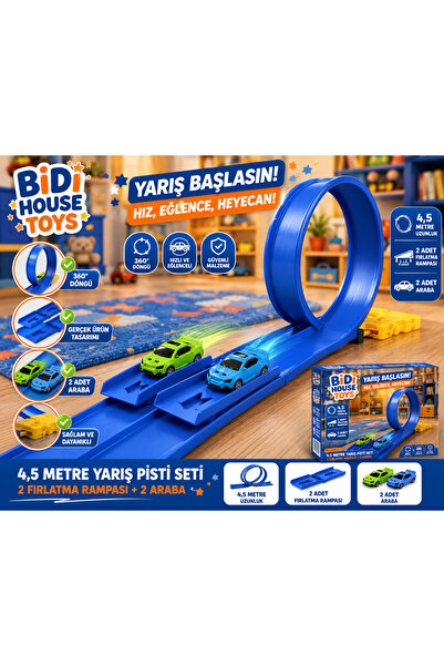 Bidi House Mavi Renk Set Esnek Yarış ve Aksiyon Pisti- Araba yolu- 4.5 mt - 2...