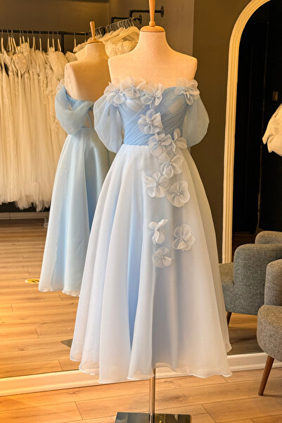 Lenta Moda Buz Mavi Drapeli Çiçekli Karolin Etek Midi Parti Elbisesi
