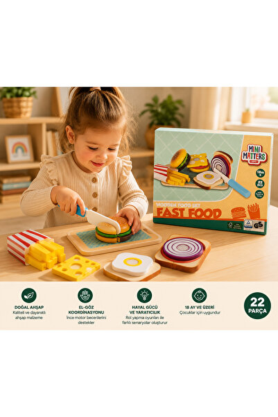 Mini Matters 🍔🍟 Ahşap Fast Food Seti 🍳