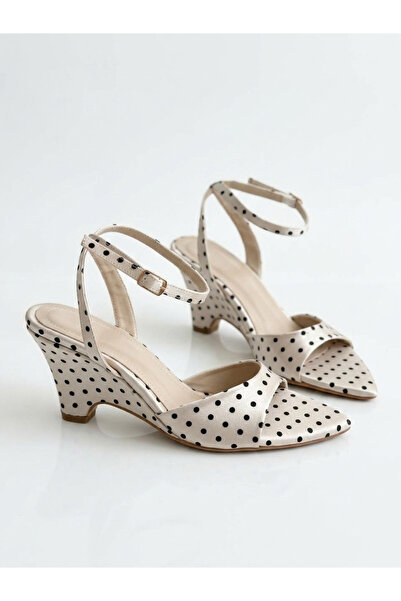 Favi Ayakkabı White Polka Dot Pattern Satin Summer Thin Cork Heeled Ankle Str...
