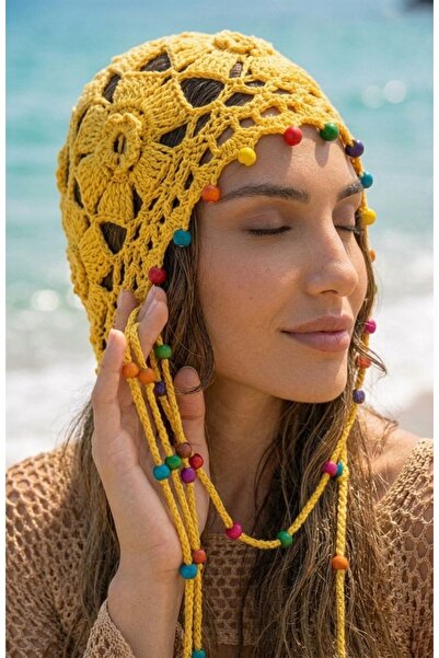 LAGRANZE Women's Cotton Bohemian Beaded Knitted Bandana Beanie
