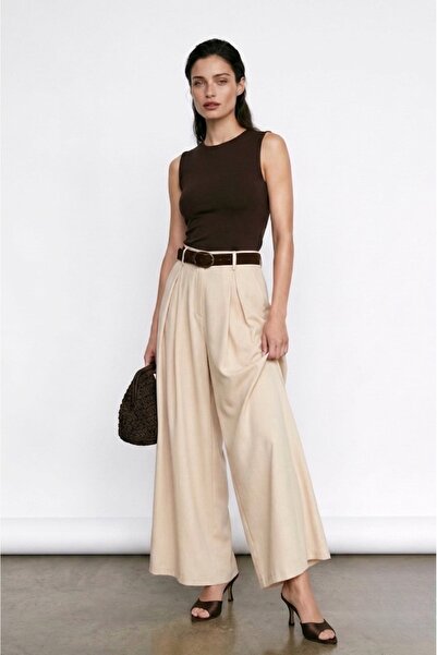 FEMMESTUDIO Women's Ecru Wide-Leg Tencel Fabric Belted Trousers