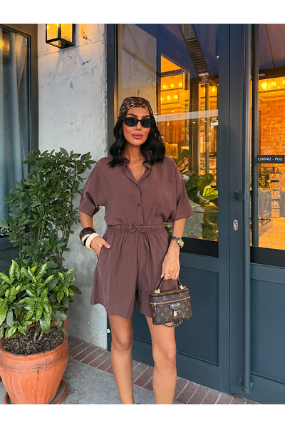 nido moda Kadın Cepli Oversize Gömlek ve Beli Bağcıklı Şort İkili Takım