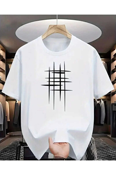 EYMORA White Minimal Geometric Line Print Unisex T-Shirt – Modern Abstract Pa...