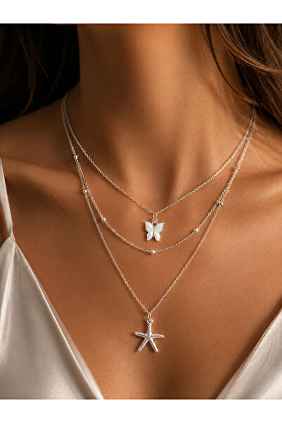 Uno Di Famiglia Set of 3 Steel Necklaces, Butterfly Necklace, Chain Necklace,...