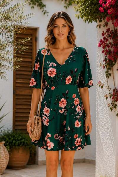 Mossta Short Sleeve V-Neck Floral Patterned Single Jersey Dress - Green