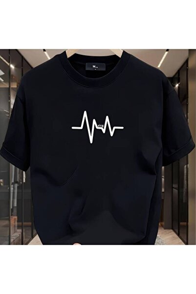 45 BPM تي شيرت رجالي بأكمام قصيرة وطبعة نبضات قلب هندسية - قميص مريح بياقة دا...