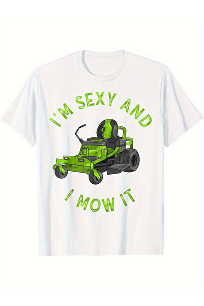 45 BPM تي شيرت رجالي بطبعة جرافيك مضحكة بعبارة 'I'm Sexy and I Mow It' باللون...