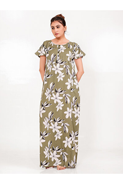 The Kaftan Company By Styli Olive Floral Viscose Rayon Nightdress with Pockets
