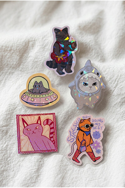 Plumie Hologramlı Laminasyonlu Cute Cat Sticker Seti 5’li | Laptop, Defter, J...