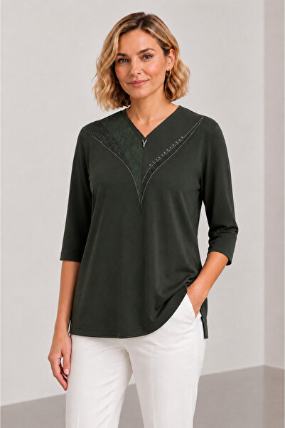 bihan store Women's V-Neck Stone Embroidered Ges Sleeve Blouse Y26-254 - Green