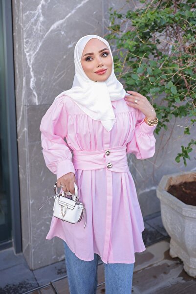 İmajButik Pembe Gizli Düğmeli Kemer Detaylı Gömlek