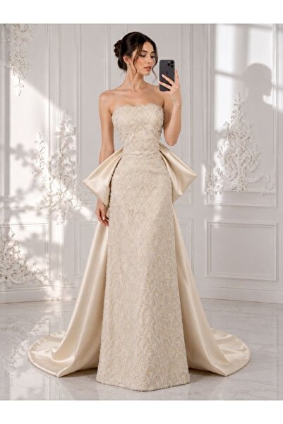 ranin Ivory Evening Dress with Mikado Embroidery and Double Cloche Hemline