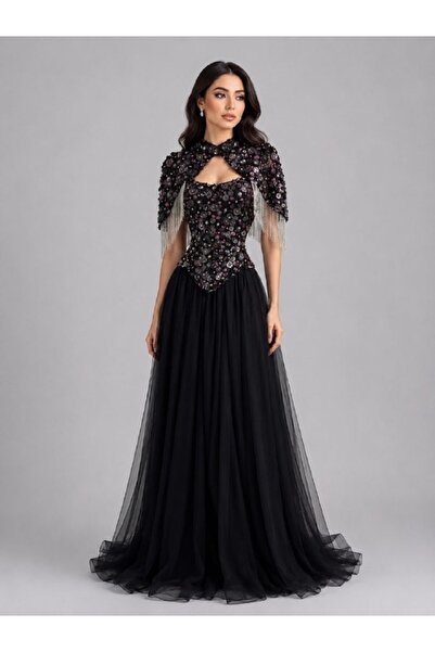 ranin Black Evening Dress with Embroidered Tulle Chest and Double Cloche Cut