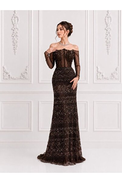 ranin Dark Brown Evening Dress Beading Embroidery Tulle Chest Handmade Embroi...
