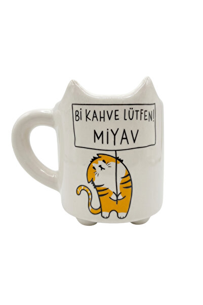 PALTO TASARIM Miyav 18 Handmade 3D Cream Glossy Mug - Handmade Ceramic Mug