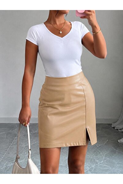 tuzu moda DERİ MİNİ ETEK YANDAN YIRTMAÇLI DERİ ETEK