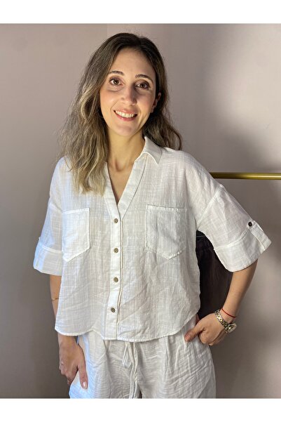 Ete Collective Keten Çift Cepli Ahşap Düğmeli Oversize Gömlek