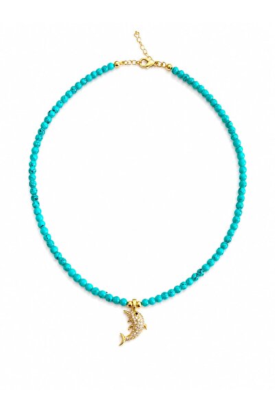 LEROSY CO. Turquoise Beaded Zircon Stone Dolphin Charm Necklace