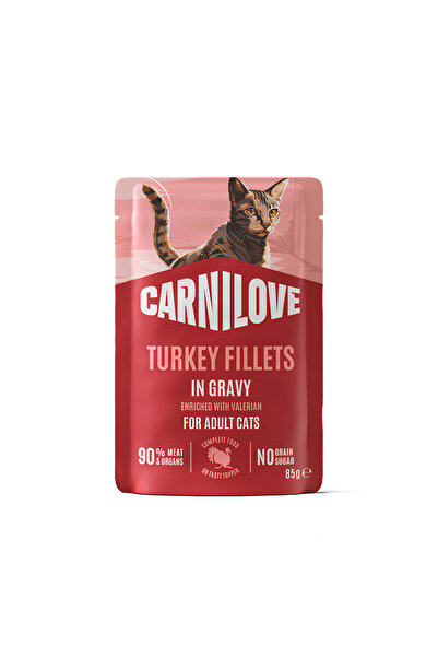 Carnilove طعام القطط المعبأ في أكياس غني بالديك الرومي ومعزز بالفاليريان 85 ج...