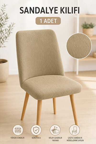 Softlife Jakarlı Oval Sandalye Kılıfı - Bej, Likralı Yıkanabilir Sandalye Ört...