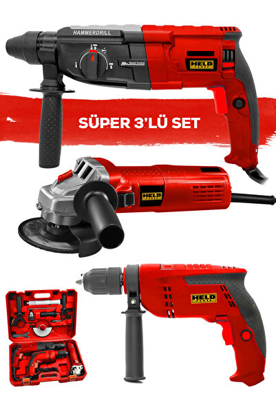 Profesyonel Elektrikli 3'lü Kombo Set (Kırıcı Delici Hilti & Darbeli Matkap & Avuç Taşlama) - Özel Taşıma Çantalı & Aksesuarlı Tam Takım