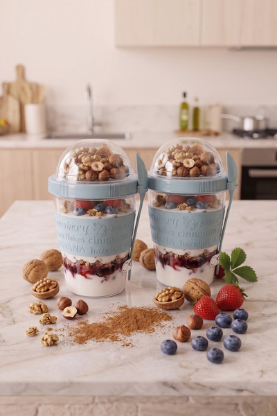NESS HOME 2'li Take'n Go Hazır Kapaklı Kaşıklı Yoğurt Yulaf Müsli Saklama Kab...