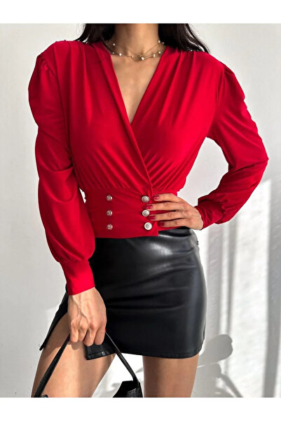 bysoca Women's Red Double Breasted Collar Waist Button Detailed Corseted Long...
