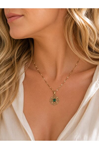 JEWELRY ZÜMRÜT YILDIZI YEŞİL TAŞLI ÇELİK KADIN KOLYE
