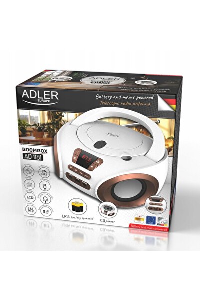 adler Radio portabil Boombox CD audio și MP3 USB AUX LCD radio FM ALB