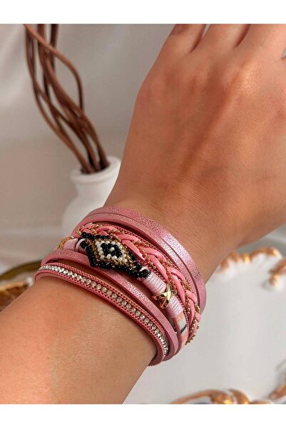 ANKA JEWELLRY Women's Pink Magnetic Clasp Leather Look Bracelet with Evil Eye...