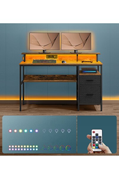 SONGMICS Birou cu iluminare LED, bară de alimentare 2x AC, 2x USB și sertare,...