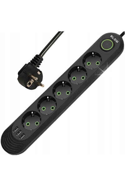 Blow Prelungitor cu întrerupător, 3x USB, 5 prize, 5m, negru, cu împământare