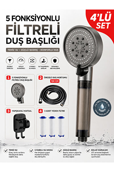 DEYHOME 5 Fonksiyonlu Filtreli Duş Başlığı Mat Antrasit Gri