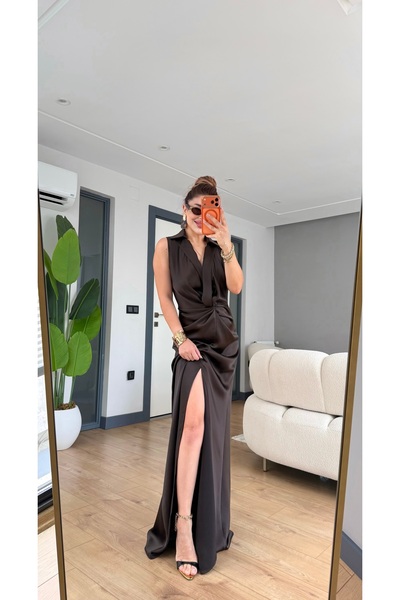 Yasmin Butik Yakalı Önden Düğümlü Uzun Elbise