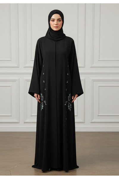 Nukhbaa Elegant Midnight Black Abaya with Emerald Floral Embroidery-876