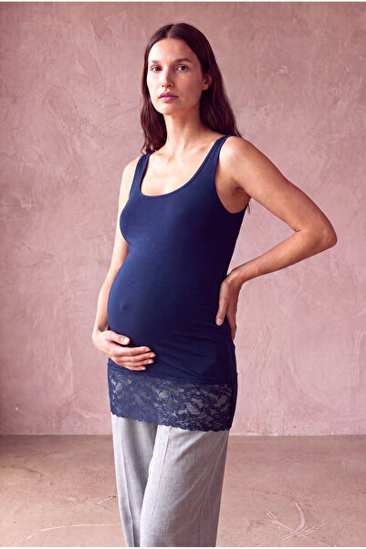 WESTMARK LONDON Maternity Navy Blue Cotton Crew Neck Sleeveless Lace Detailed...
