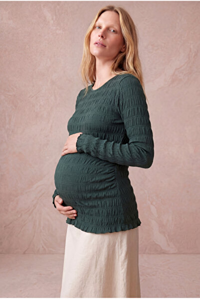 WESTMARK LONDON Maternity Green Seersucker Textured Cotton Crew Neck Long Sle...