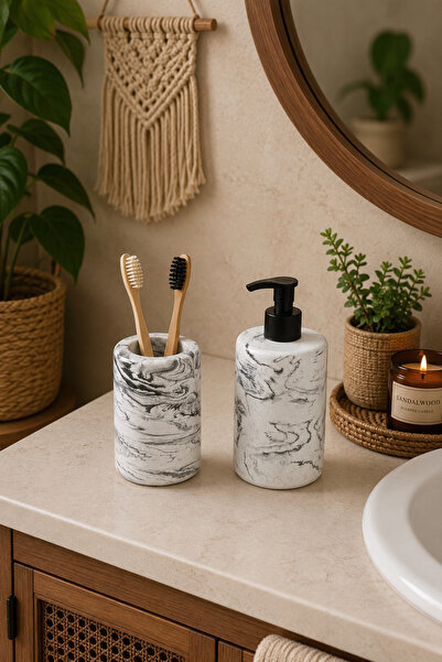 Zigzag Home Dekoratif Mermer Desen Bohem Tarz Banyo Seti Sıvı Sabunluk ve Diş Fırçalık Takımı Seti