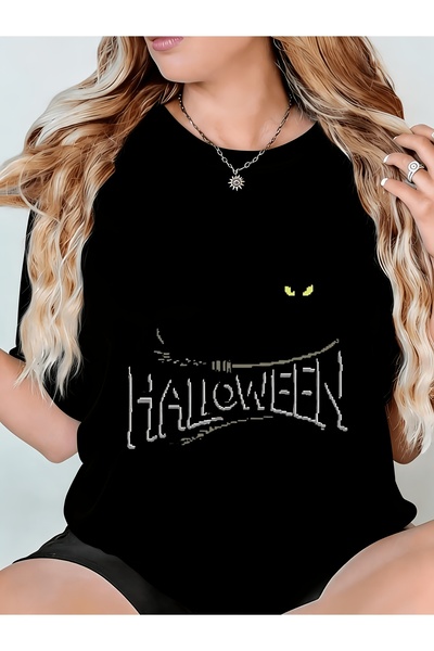 Ekim11 Women'S Printed Halloween Cat Eyes Black T-Shirt with Silver Chain Mac...