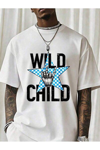 01THEONE تي شيرت رجالي بتصميم عصري بنمط الشارع، أسود، بطباعة رسومية لعلامة يد...