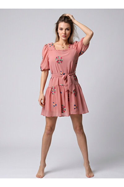 gökçesu Women's Square Neck Floral Embroidered Belted Lined Chiffon Mini Dress