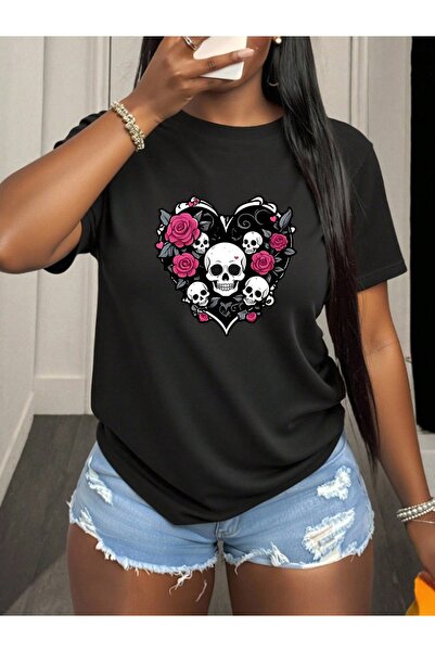 01THEONE cotton Short Sleeve T-Shirt with Skull Rose Heart Design, Comfortabl...